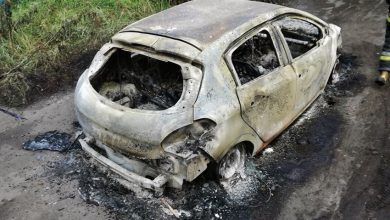 W Chełmie Śląskim koło zalewu Dziećkowice znaleziono spalony samochód a obok wiszące zwłoki mężczyzny (fot.OSP Chełm Śląski)