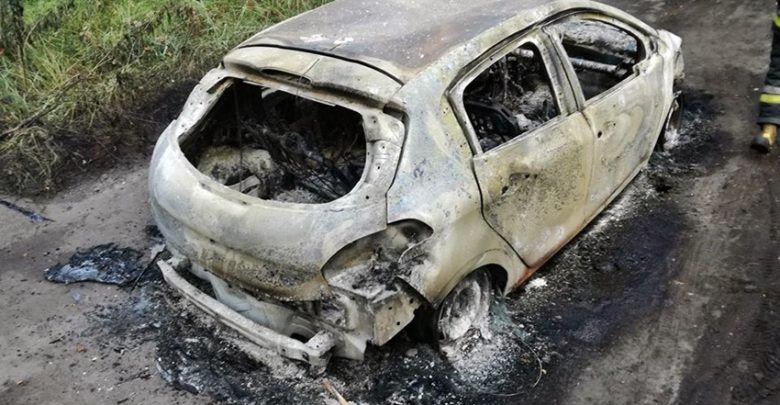 W Chełmie Śląskim koło zalewu Dziećkowice znaleziono spalony samochód a obok wiszące zwłoki mężczyzny (fot.OSP Chełm Śląski)