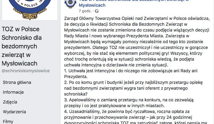 Czy schronisko w Mysłowicach będzie zlikwidowane? Władze czekają na decyzje nowego prezydenta