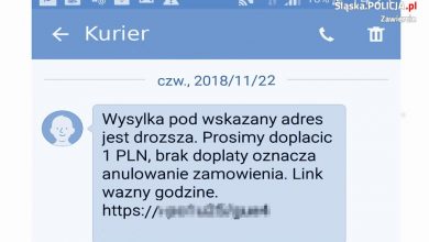 „Wysyłka pod wskazany adres jest droższa. Prosimy dopłacić 1 PLN, brak dopłaty oznacza anulowanie zamówienia. Link ważny godzinę. http:// ...”. Uważajcie na takie SMS-y! (fot.KPP Zawiercie)