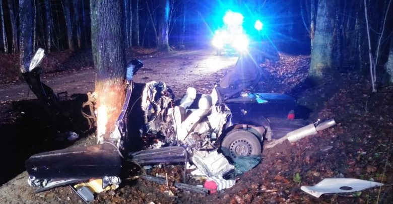 BMW owinęło się wokół drzewa [ZDJĘCIA] Kierowca zginął na miejscu (fot.Policja Warmińsko-Mazurska)