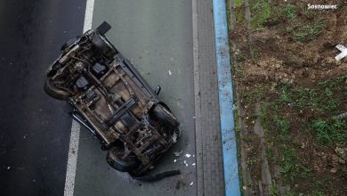 Sosnowiec: Samochód spadł z wiaduktu [ZDJĘCIA] Kobieta kierująca suzuki miała dużo szczęścia fot.KMP Sosnowiec)