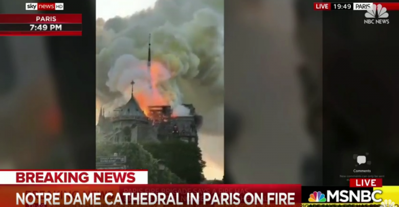 Pożar katedry Notre Dame wybuchł w poniedziałek, 15 kwietnia popołudniu. Z ogniem, który trawi zabytkową katedrę Notre Dame walczą strażacy (fot.youtube.com/NBC News)