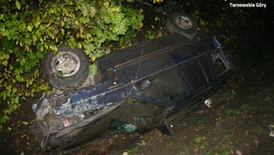 Kierowca Jeepa na DK 11 ratując się przed uderzeniem w pijanego pieszego wpakował się do rowu i ranny trafił do szpitala (fot.KPP Tarnowskie Góry)