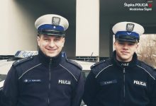 Policjanci mł.asp. Artur Sanecznik oraz sierż. Mateusz Kopka eskortowali przyszła mamę do szpitala na porodówkę (fot.policja)