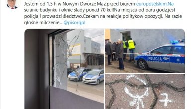 -Dziś w nocy ostrzelano moje biuro europoselskie w Nowym Dworze Mazowieckim - napisał na swoim Twitterze europoseł Ryszard Czarnecki (fot.twitter)