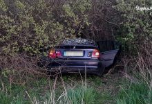 Kierowca BMW swój „rajd” zakończył w krzakach. Chciał uciec przed policją. Fot. KMP w Częstochowie