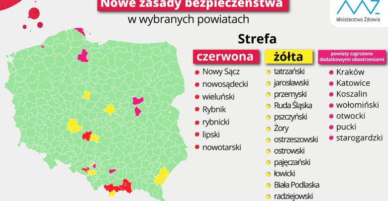 Strefa żółta i czerwona. Aktualna lista powiatów objętych dodatkowymi obostrzeniami (fot.MZ)