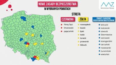 Aktualna lista powiatów z dodatkowymi obostrzeniami. Jeden powiat z woj. śląskiego w strefie żółtej (fot.MZ)