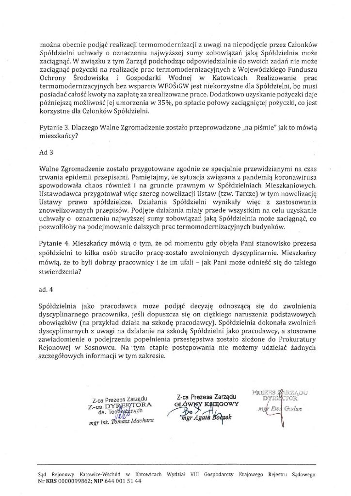 Oświadczenie spółdzielni mieszkaniowej Zagórze w Sosnowcu