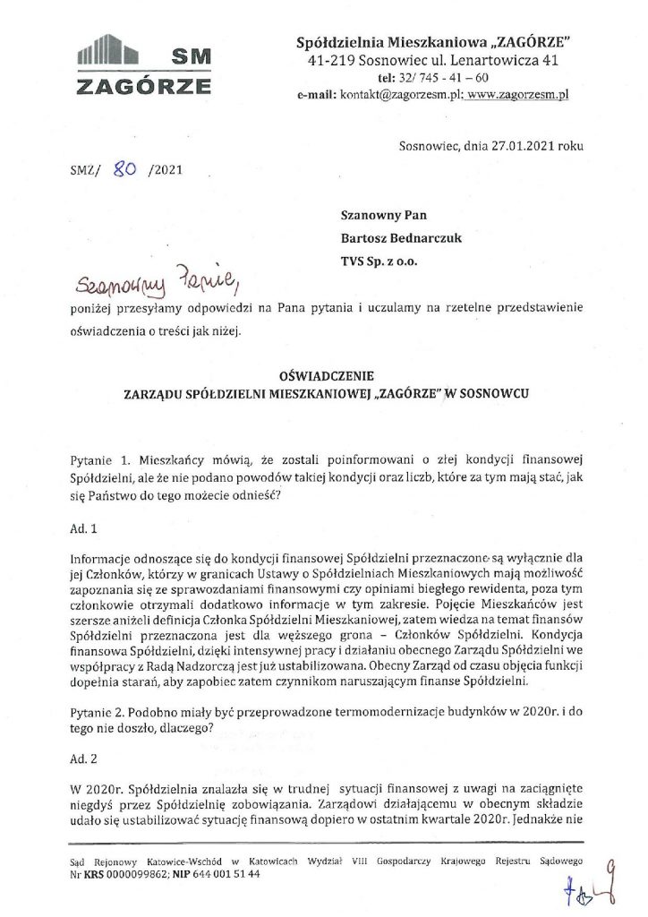 Oświadczenie spółdzielni mieszkaniowej Zagórze w Sosnowcu