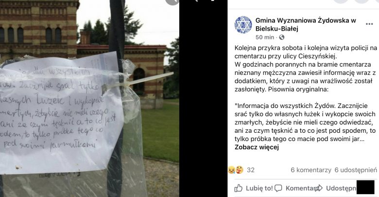 SKANDAL! Kartka na cmentarzu żydowskim w Bielsku. „Srajcie tylko do własnych łóżek”. Fot. screen FB Gmina Wyznaniowa Żydowska w Bielsku-Białej.