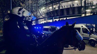 Kibole na meczu Górnik - Zagłębie chcieli sforsować bramę. W ruch poszedł gaz, granaty hukowe i policja konna "Fot. Policja Konna Częstochowa)