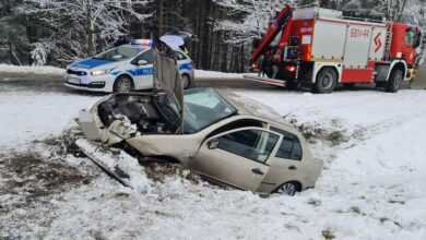 Pijany kierowca uderzył w betonowy przepust. [fot. Zawiercie 112]