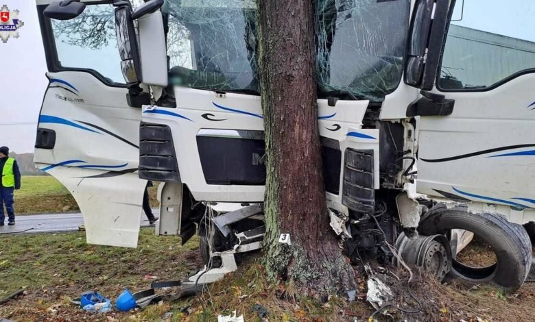 Po zderzeniu z osobówką, wpadł do rowu i uderzył w drzewo. Kierowca ciężarówki nie żyje/fot.Policja Lubelska