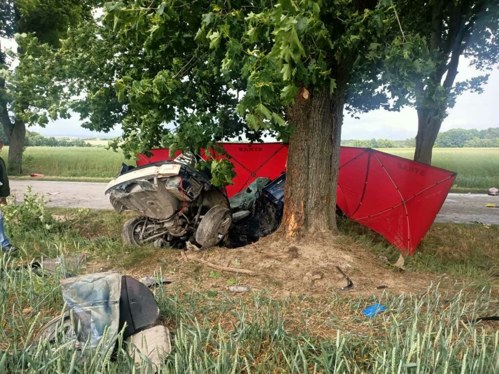 BMW owinęło się wokół drzewa. Kierowca nie żyje/fot.KPP Krasnystaw