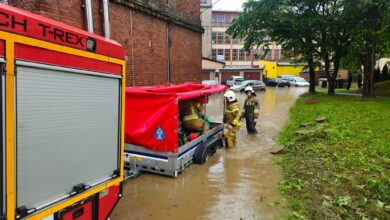 Alarm przeciwpowodziowy w powiecie bielskim 4 czerwca 2024, około 300 interwencji straży pożarnej. Fot. Komenda Miejska Państwowej Straży Pożarnej w Bielsku-Białej