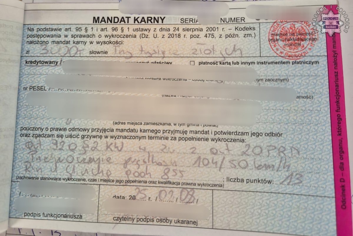 Mandat za prędkość na 3 tys złotych. Kierowca z Raciborza zapłaci za drogową recydywę (fot. Policja Śląska)
