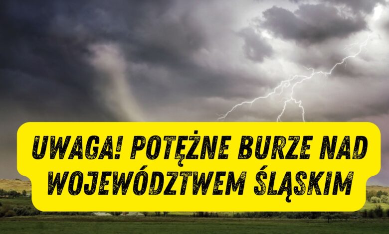 burze nad województwem Śląskim grafika: ciemne niebo z błyskawicą i obok trąba powietrzna