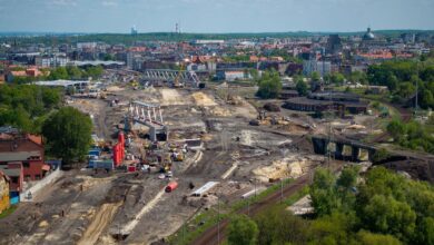 Katowice przebudowa torów - prace budowlane na torowisku widok z lotu ptaka