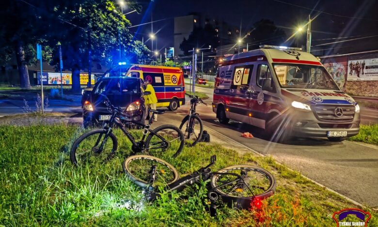 wypadek roweru i hulajnogi w Tychach karetki, rowery, hulajnoga