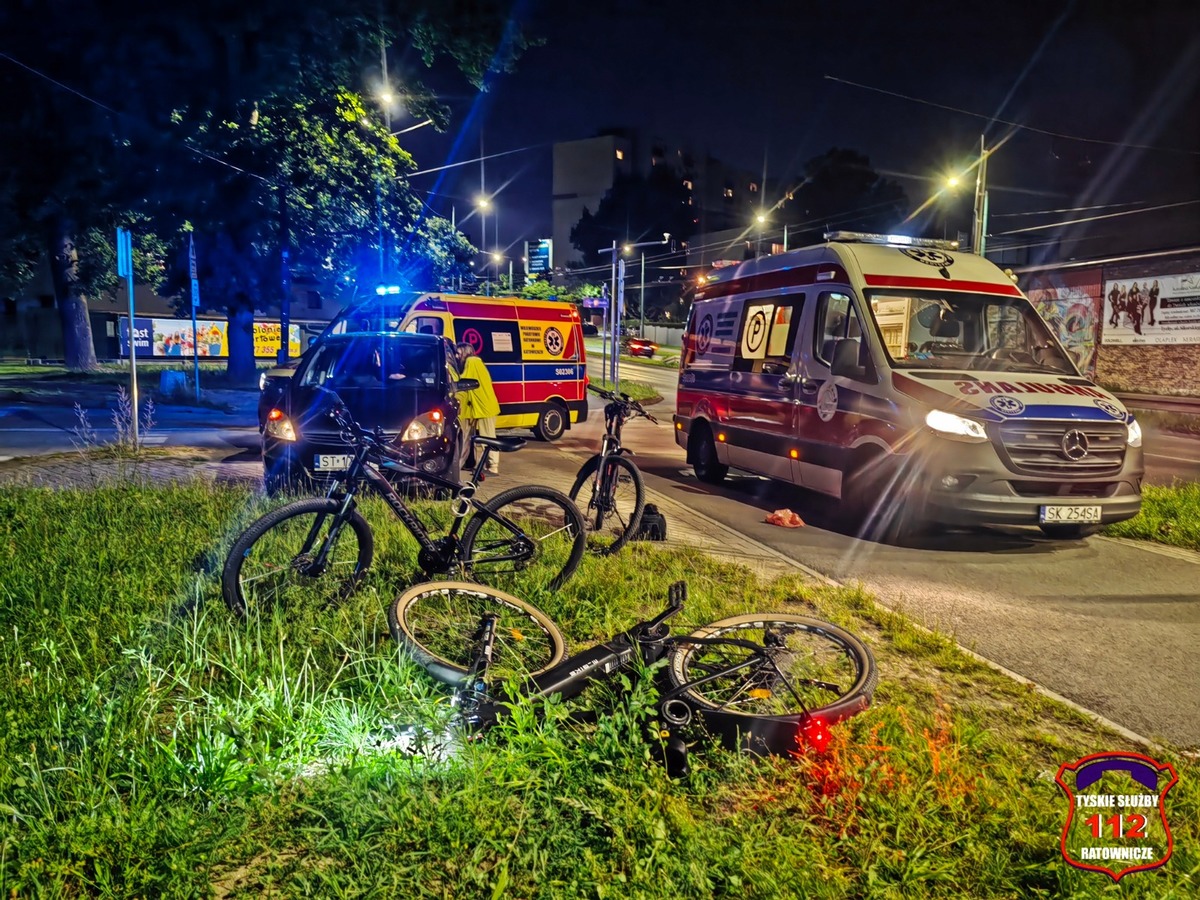 wypadek roweru i hulajnogi w Tychach karetki, rowery, hulajnoga