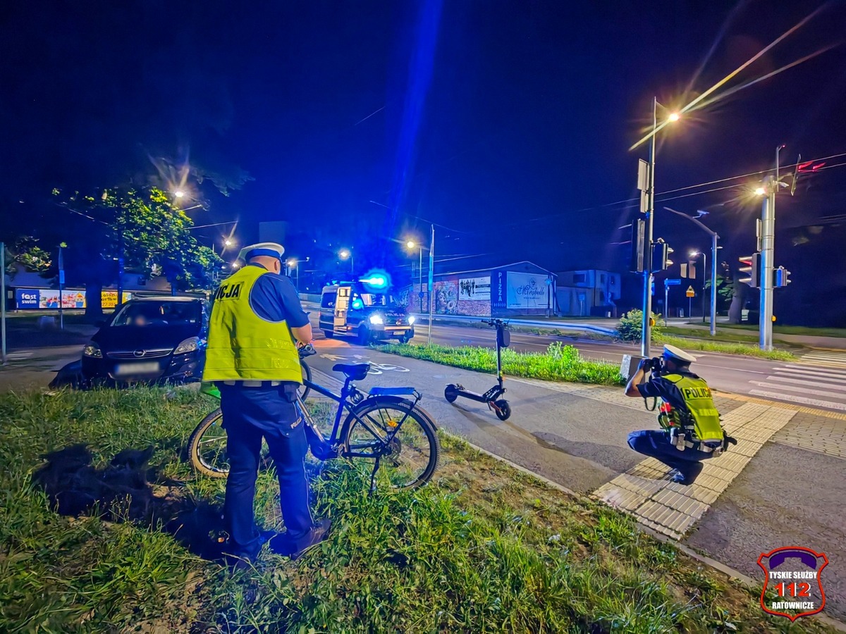 Nocne zderzenie w Tychach! Rower elektryczny kontra hulajnoga – dwie osoby w szpitalu!