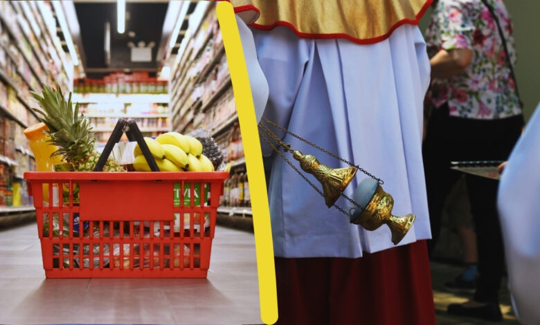 Boże Ciało czy sklepy są otwarte - kolaż zdjęć po lewej koszyk z zakupami w sklepie po prawej kadzidło trzymane przez ministranta