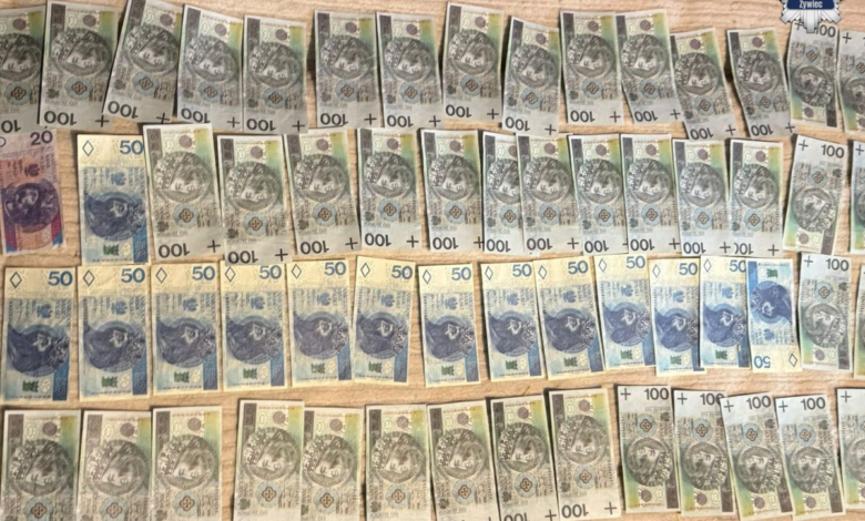 fałszywe banknoty Żywiec rozłozone na stole