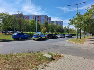 policyjny pościg Tychy radiowozy i policjanci na drodze podczas interwencji