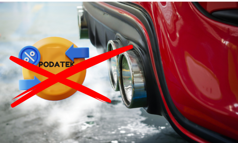 KOPCĄCA RURA WYDECHOWA SAMOCHODDU I PRZEKRESLONA GRAFIKA Z NAPISEM PODATEK