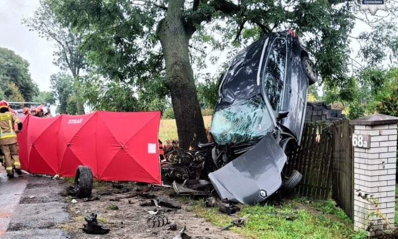 Rozbity samochód po wypadku wisi na płocie i drzewie
