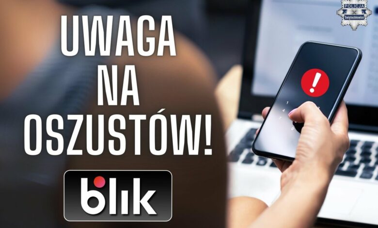 Oszustwo na BLIK portal sprzedażowy - napis na grafice obok ręka z telefonem w tle komputer