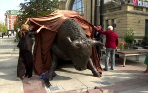 Rzeźba byka Rafała Olbińskiego Katowice gruppa osób zdejmuje płachtę materiału z Byka