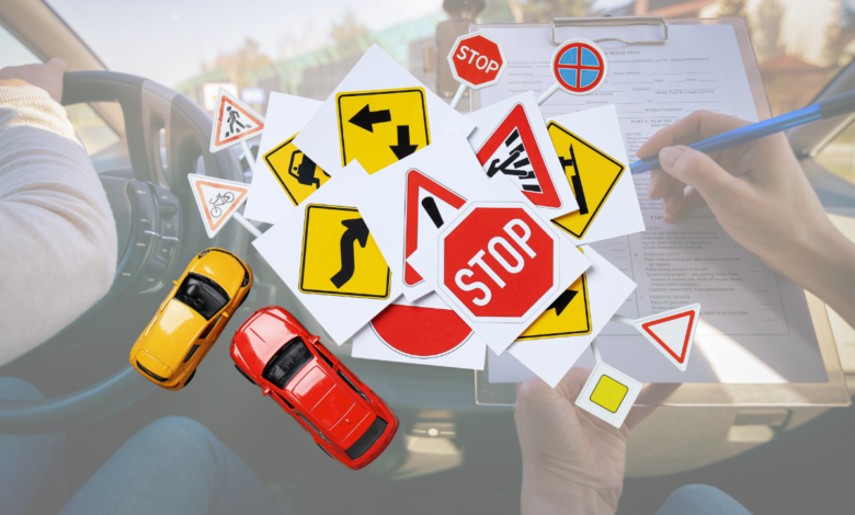 Grafika ze znakami drogowymi w tle zdjęcie podczas egzaminu drogowego