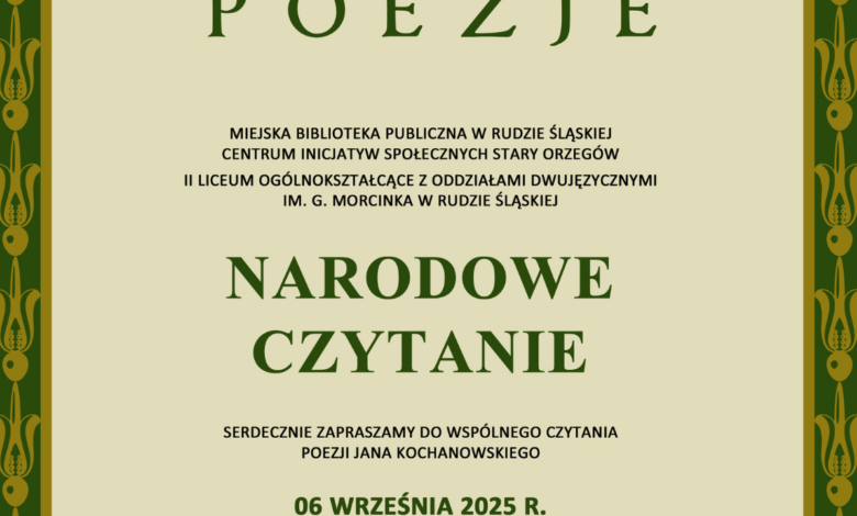 Ruda Śląska dołącza do Narodowego Czytania. W sobotę w Starym Orzegowie zabrzmią wiersze Jana Kochanowskiego – także w muzycznej odsłonie.
