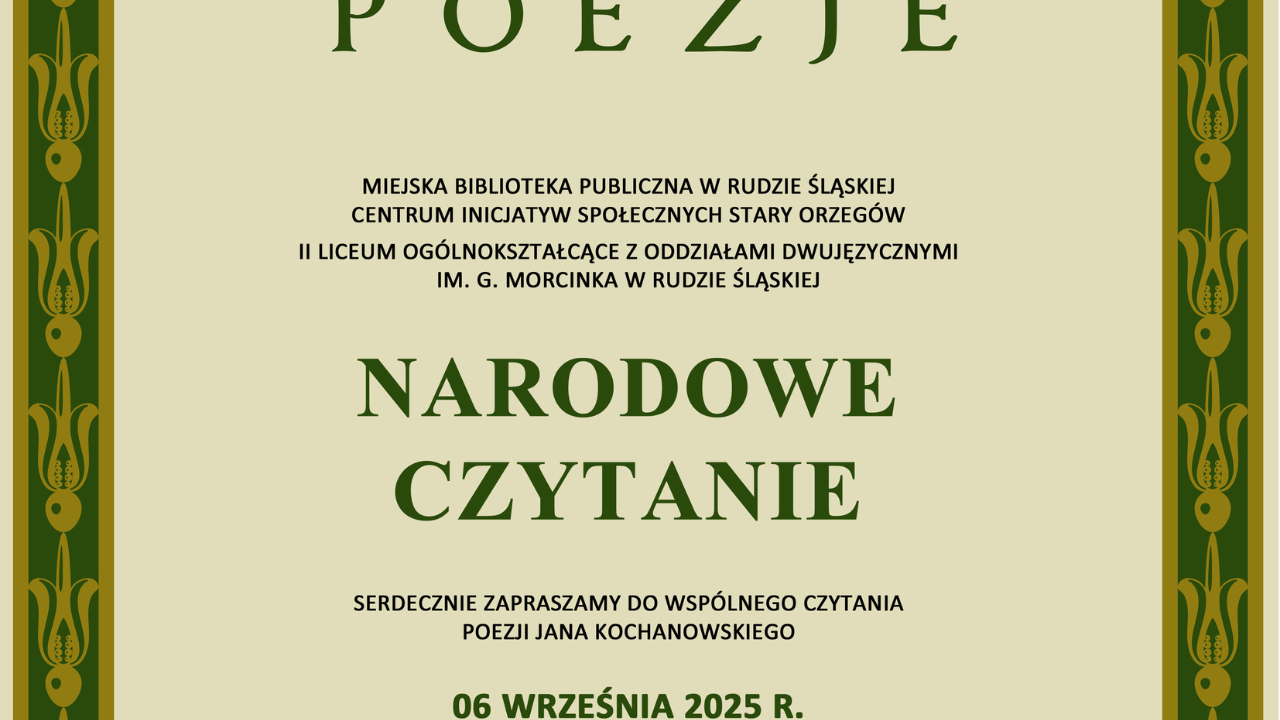 Ruda Śląska dołącza do Narodowego Czytania. W sobotę w Starym Orzegowie zabrzmią wiersze Jana Kochanowskiego – także w muzycznej odsłonie.