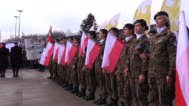 W szerwgu grupa dziewczyn w mundurach każda trzyma flagę