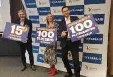 zimowy rozkład lotów Ryanair Katowice trzy osoby na tle scianki trzymaja w rękach plansze z liczbami