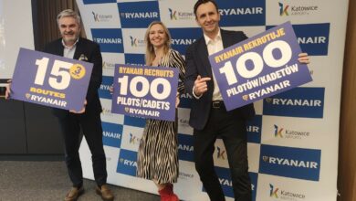 zimowy rozkład lotów Ryanair Katowice trzy osoby na tle scianki trzymaja w rękach plansze z liczbami