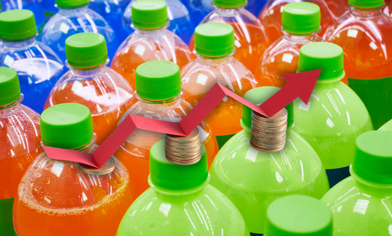 wzrost podatku cukrowego butelki kolorowych napojów i linia wykresu