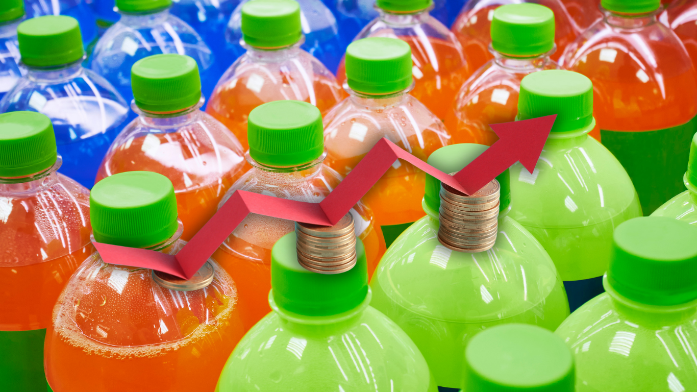 wzrost podatku cukrowego butelki kolorowych napojów i linia wykresu