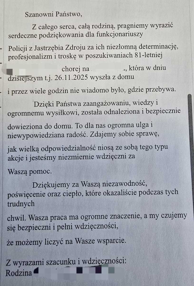 Jastrzębie-Zdrój: Rodzina podziękowała policjantom za znalezienie babci
