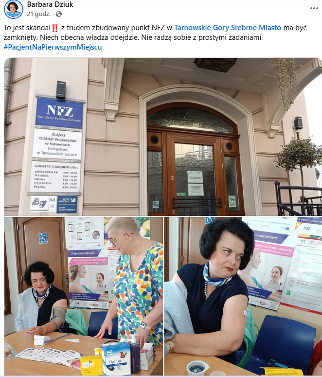 Barbara Dziuk: „Porażka obecnej władzy”. Zamknięcie delegatury NFZ w Tarnowskich Górach