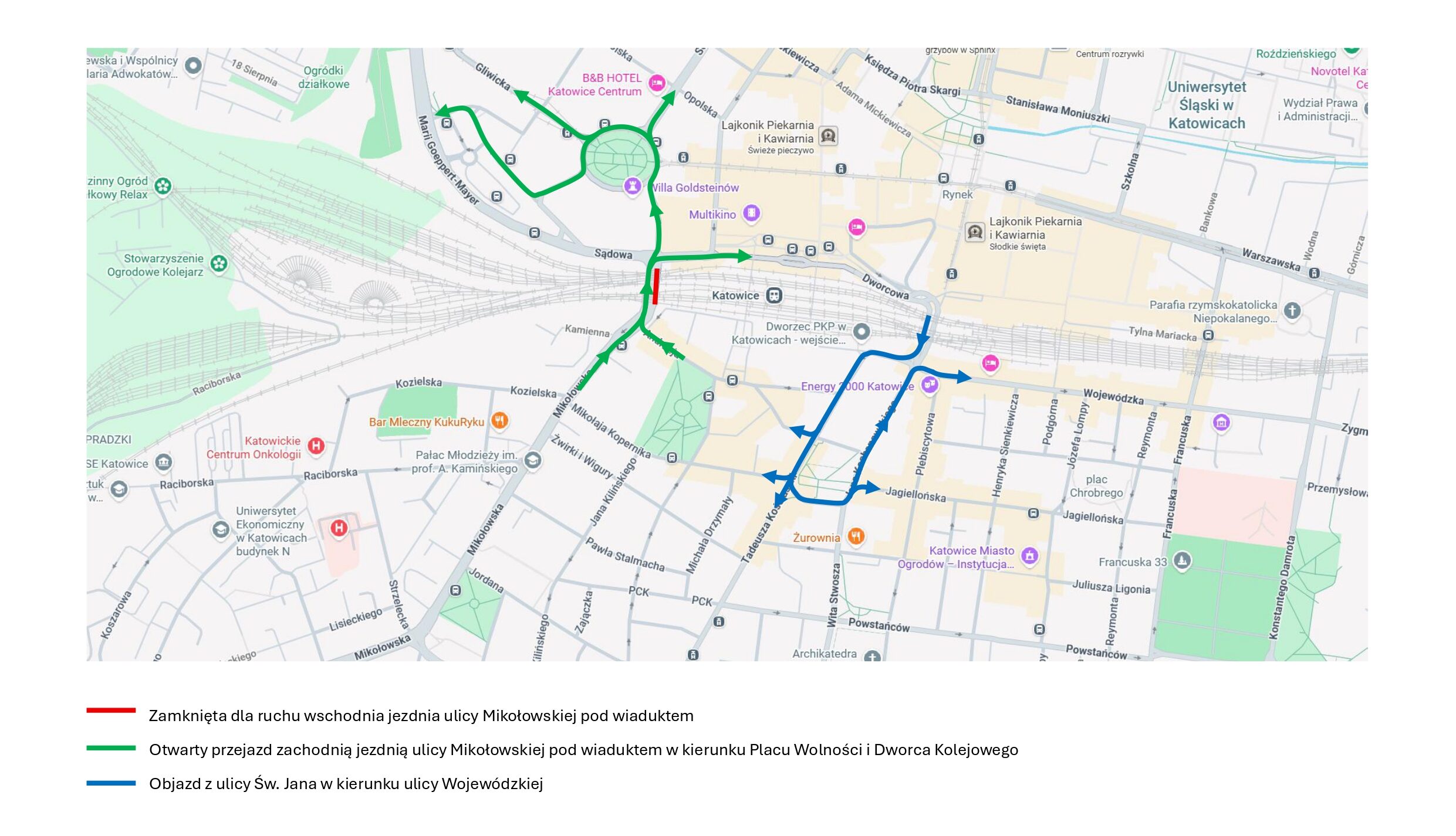 Katowice: Otwierają Mikołowską, zamykają Św. Jana. Kolejny wiadukt idzie do remontu! [MAPA ZMIAN]