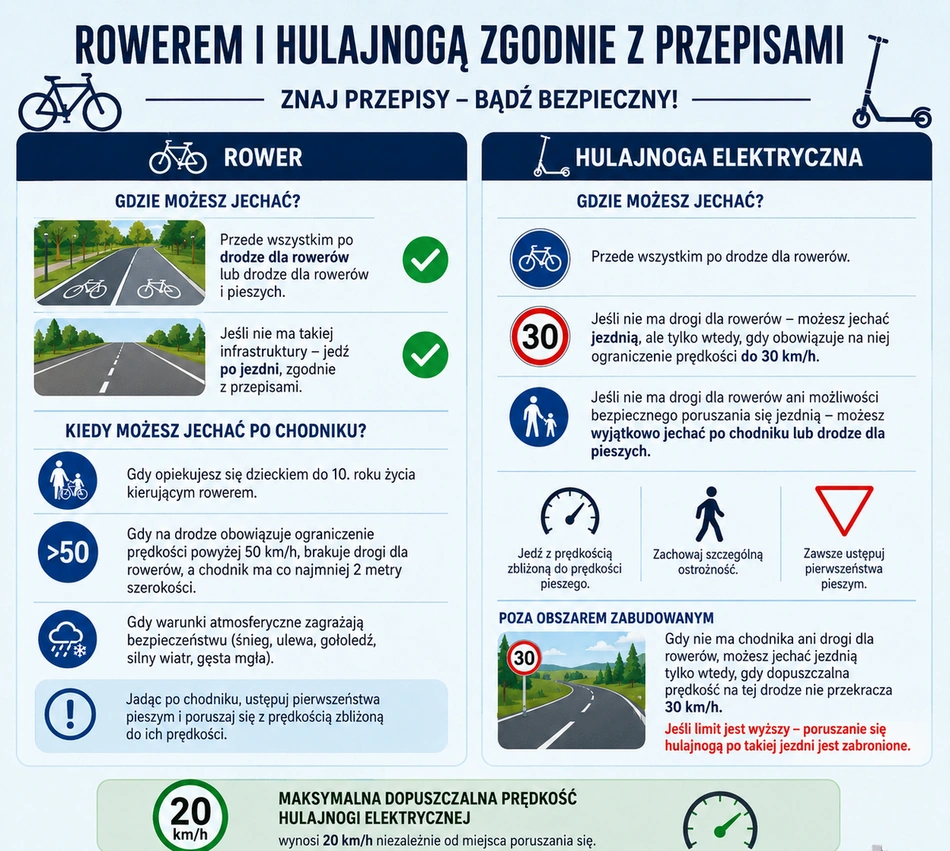 Rowerem po chodniku? Hulajnogą po jezdni? Sprawdź, kiedy wolno